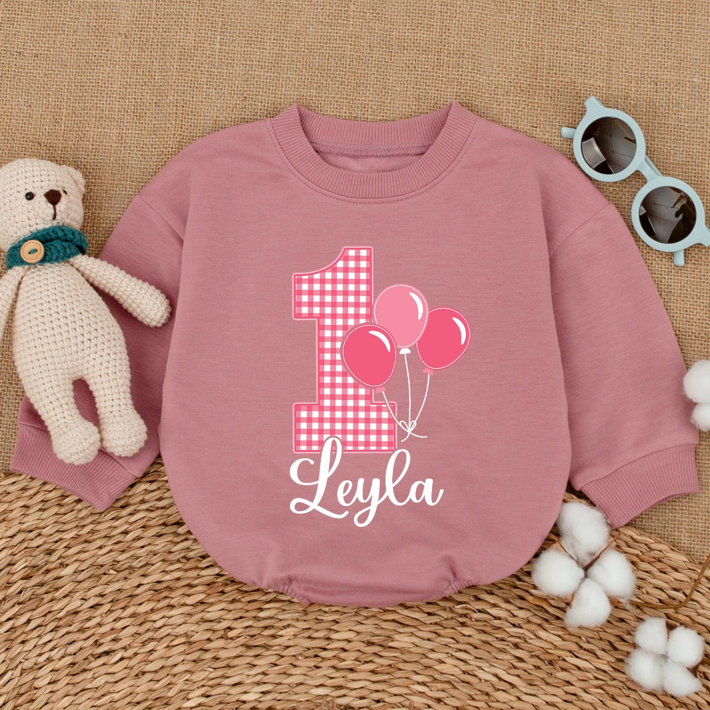 Personalized Pink Gingham 1st Birthday Romper for Baby Girl Leyla Name Balloon Smash Cake Outfit Bodysuit Cheerful Baby Shower Gift