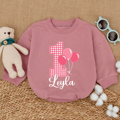 Personalized Pink Gingham 1st Birthday Romper for Baby Girl Leyla Name Balloon Smash Cake Outfit Bodysuit Cheerful Baby Shower Gift