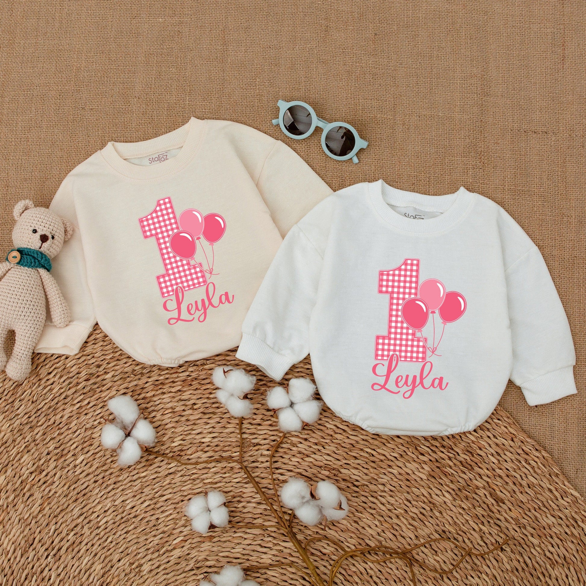 Personalized Pink Gingham 1st Birthday Romper for Baby Girl Leyla Name Balloon Smash Cake Outfit Bodysuit Cheerful Baby Shower Gift