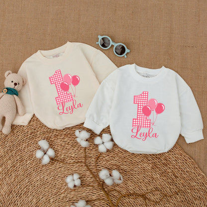 Personalized Pink Gingham 1st Birthday Romper for Baby Girl Leyla Name Balloon Smash Cake Outfit Bodysuit Cheerful Baby Shower Gift