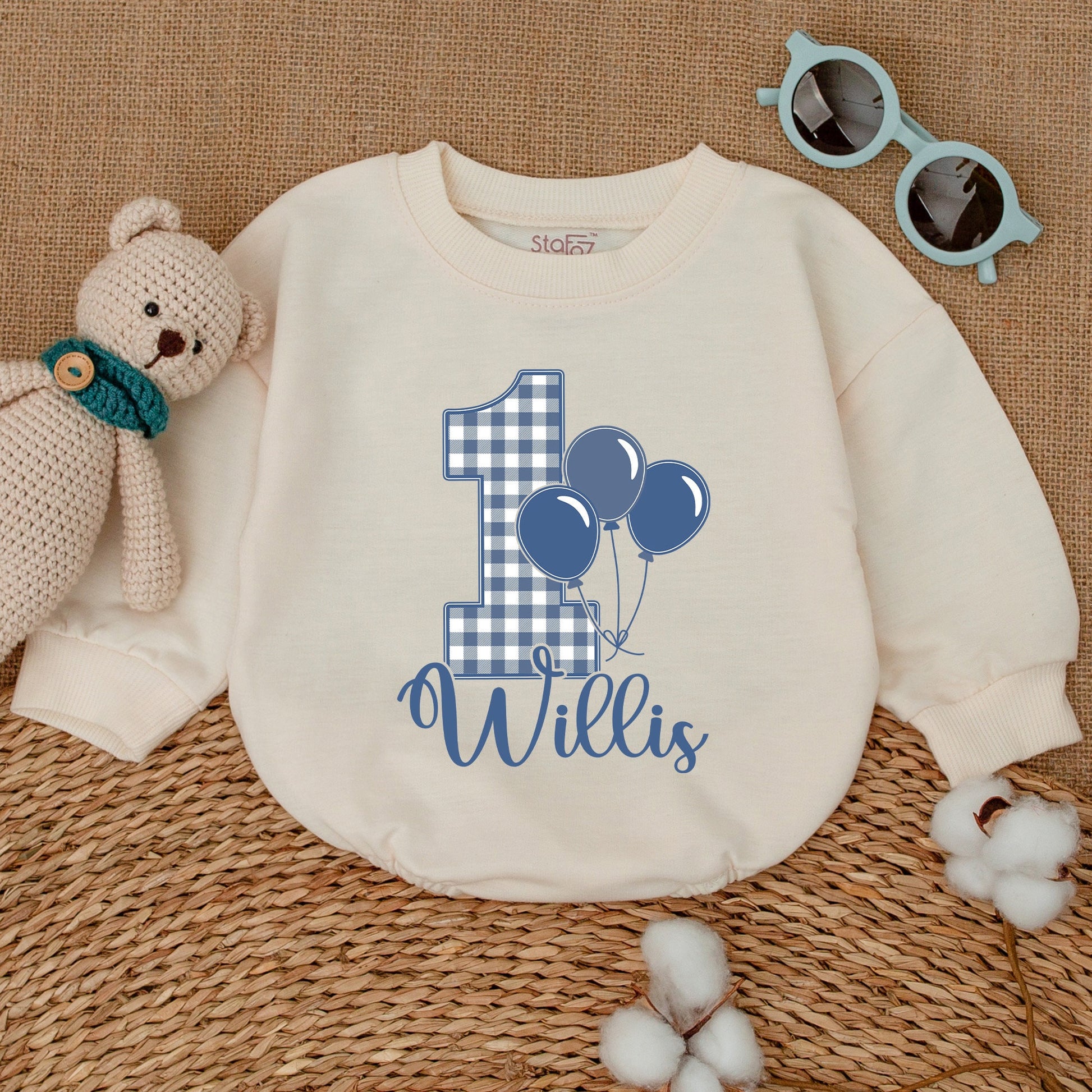 Personalized Blue Gingham Balloon Birthday Romper Baby Boy First Birthday Smash Cake Outfit Bodysuit Bubble Romper Baby Shower Gift