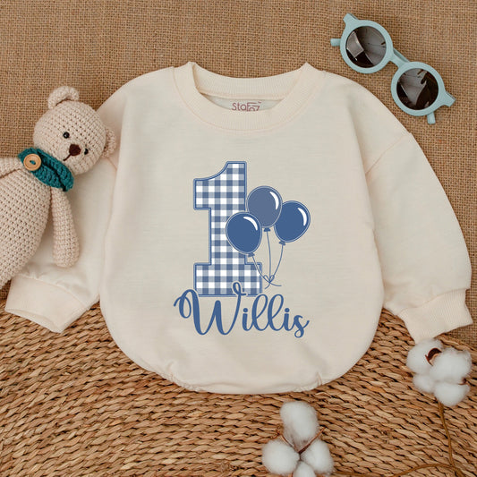 Personalized Blue Gingham Balloon Birthday Romper Baby Boy First Birthday Smash Cake Outfit Bodysuit Bubble Romper Baby Shower Gift