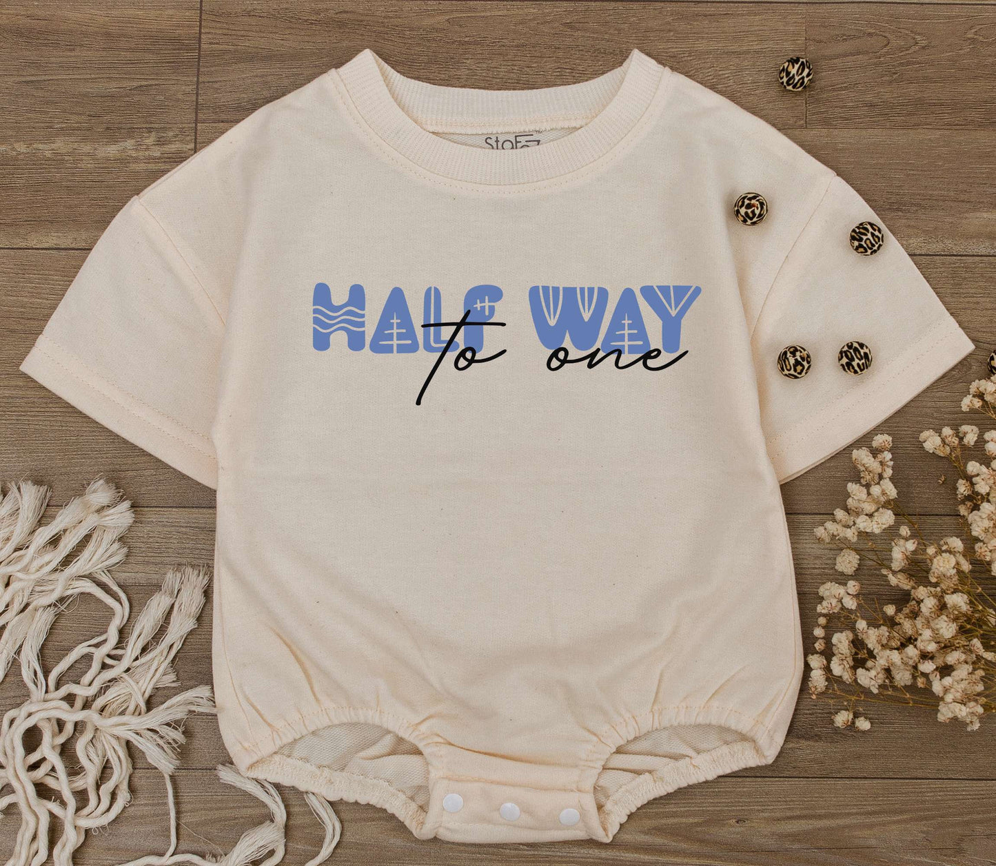 Cute Six Month Half Way to One Birthday Baby Romper Modern Geometric Light Blue Design Playful 1/2 Birthday Gift for Almost One Infant Celebration