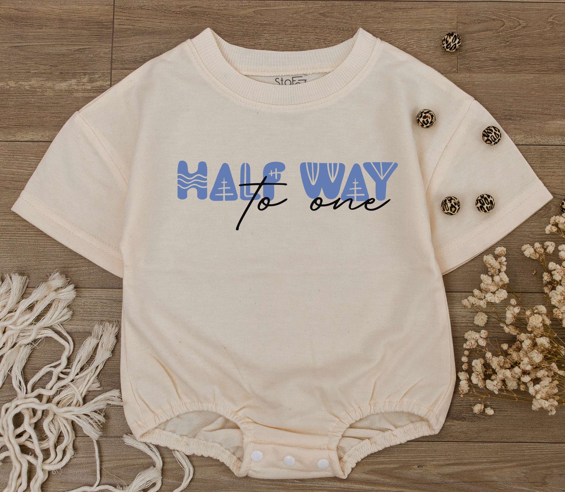 Cute Six Month Half Way to One Birthday Baby Romper Modern Geometric Light Blue Design Playful 1/2 Birthday Gift for Almost One Infant Celebration