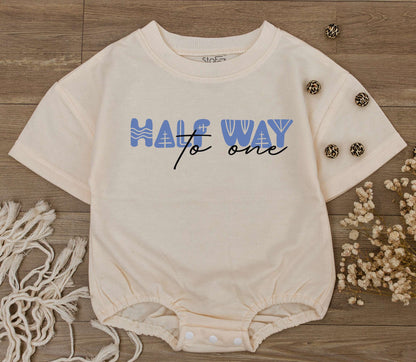 Cute Six Month Half Way to One Birthday Baby Romper Modern Geometric Light Blue Design Playful 1/2 Birthday Gift for Almost One Infant Celebration