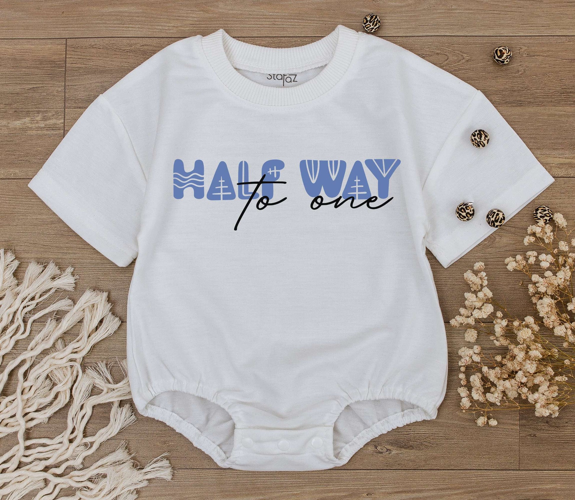 Cute Six Month Half Way to One Birthday Baby Romper Modern Geometric Light Blue Design Playful 1/2 Birthday Gift for Almost One Infant Celebration