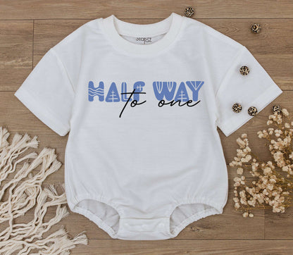 Cute Six Month Half Way to One Birthday Baby Romper Modern Geometric Light Blue Design Playful 1/2 Birthday Gift for Almost One Infant Celebration