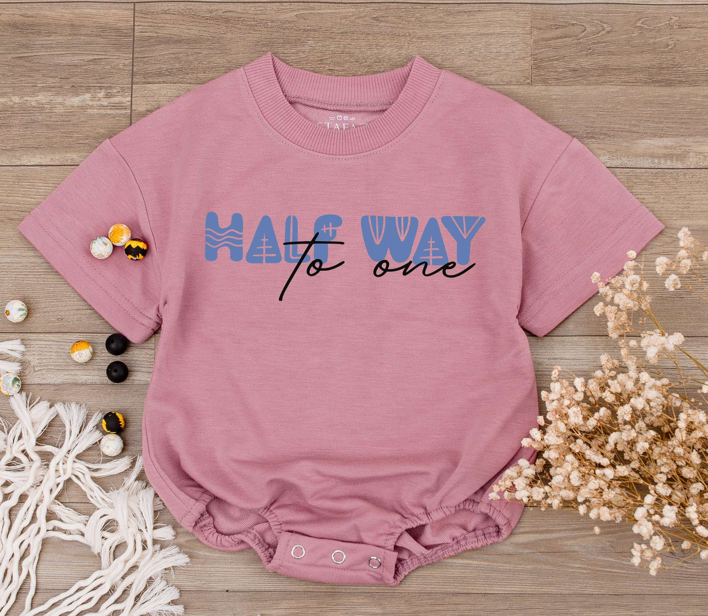 Cute Six Month Half Way to One Birthday Baby Romper Modern Geometric Light Blue Design Playful 1/2 Birthday Gift for Almost One Infant Celebration