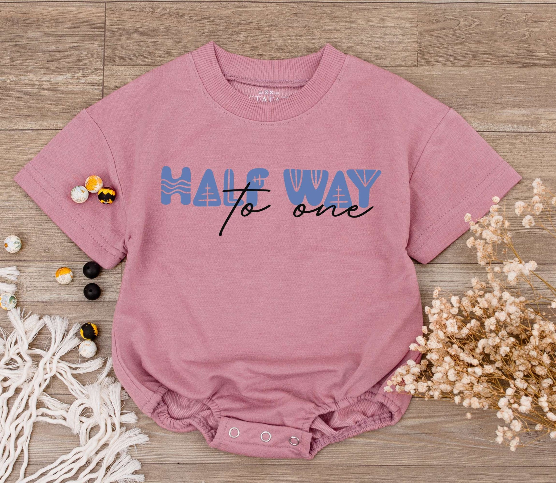 Cute Six Month Half Way to One Birthday Baby Romper Modern Geometric Light Blue Design Playful 1/2 Birthday Gift for Almost One Infant Celebration