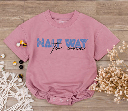 Cute Six Month Half Way to One Birthday Baby Romper Modern Geometric Light Blue Design Playful 1/2 Birthday Gift for Almost One Infant Celebration