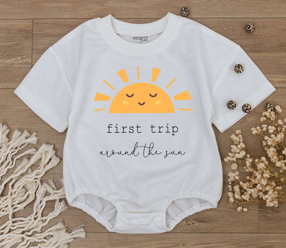 First Trip Around The Sun Baby Romper Retro One Year Old Birthday Bodysuit Cute Half Sun Minimalist Design Cotton Comfortable Celebration Gift