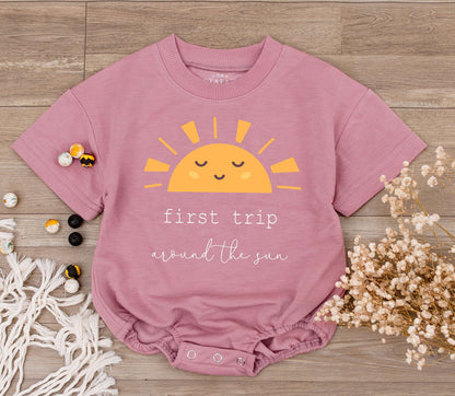 First Trip Around The Sun Baby Romper Retro One Year Old Birthday Bodysuit Cute Half Sun Minimalist Design Cotton Comfortable Celebration Gift