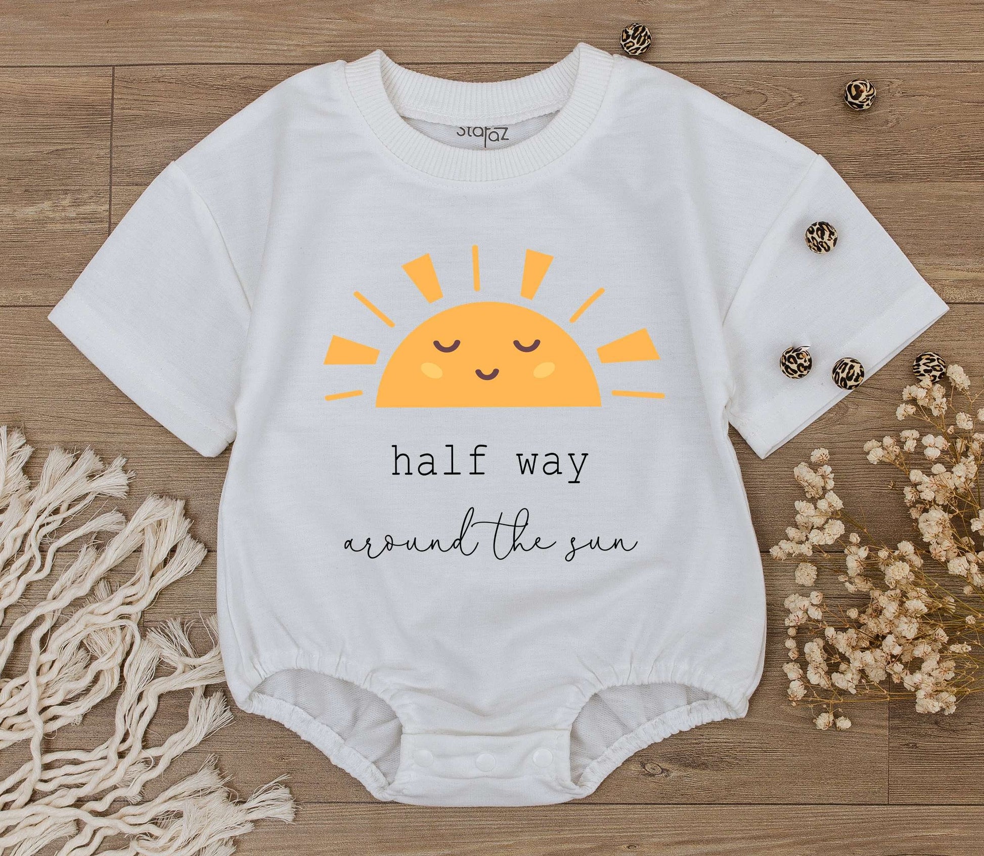 Baby Half Way Around The Sun Romper for 6 Month Birthday Celebration featuring a playful smiling sun graphic soft cotton natural gift outfit