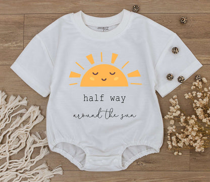 Baby Half Way Around The Sun Romper for 6 Month Birthday Celebration featuring a playful smiling sun graphic soft cotton natural gift outfit