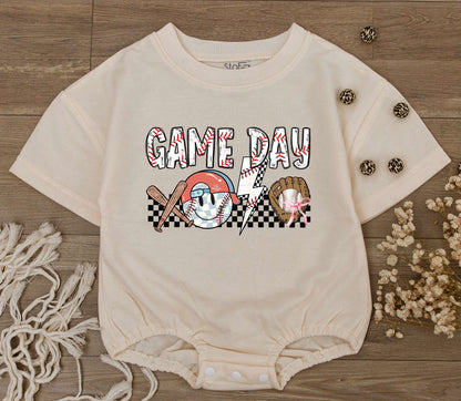 Baby Boy Game Day Baseball Romper Retro Jumpsuit One Piece Short Sleeve Soft Natural Cotton Summer Infant Bodysuit Perfect Gift