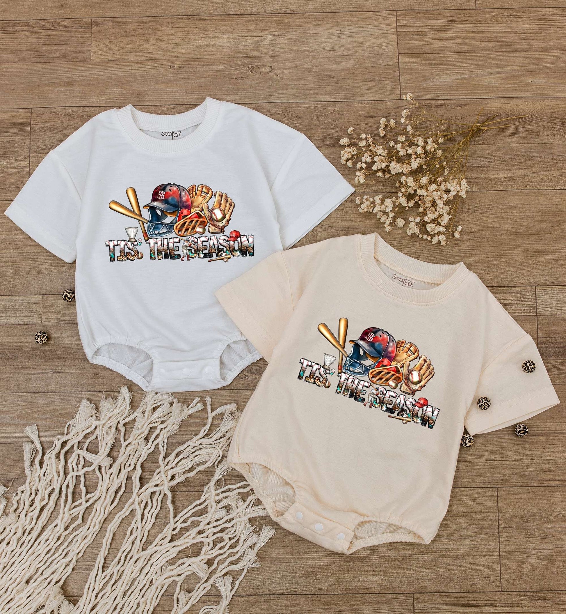 Tis The Season Baseball Baby Romper Short Sleeve Game Day Infant Bodysuit with Red Blue Gold Helmet Mitt Bat Cheetah Print Summer Fun