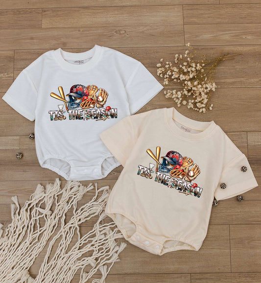 Tis The Season Baseball Baby Romper Short Sleeve Game Day Infant Bodysuit with Red Blue Gold Helmet Mitt Bat Cheetah Print Summer Fun