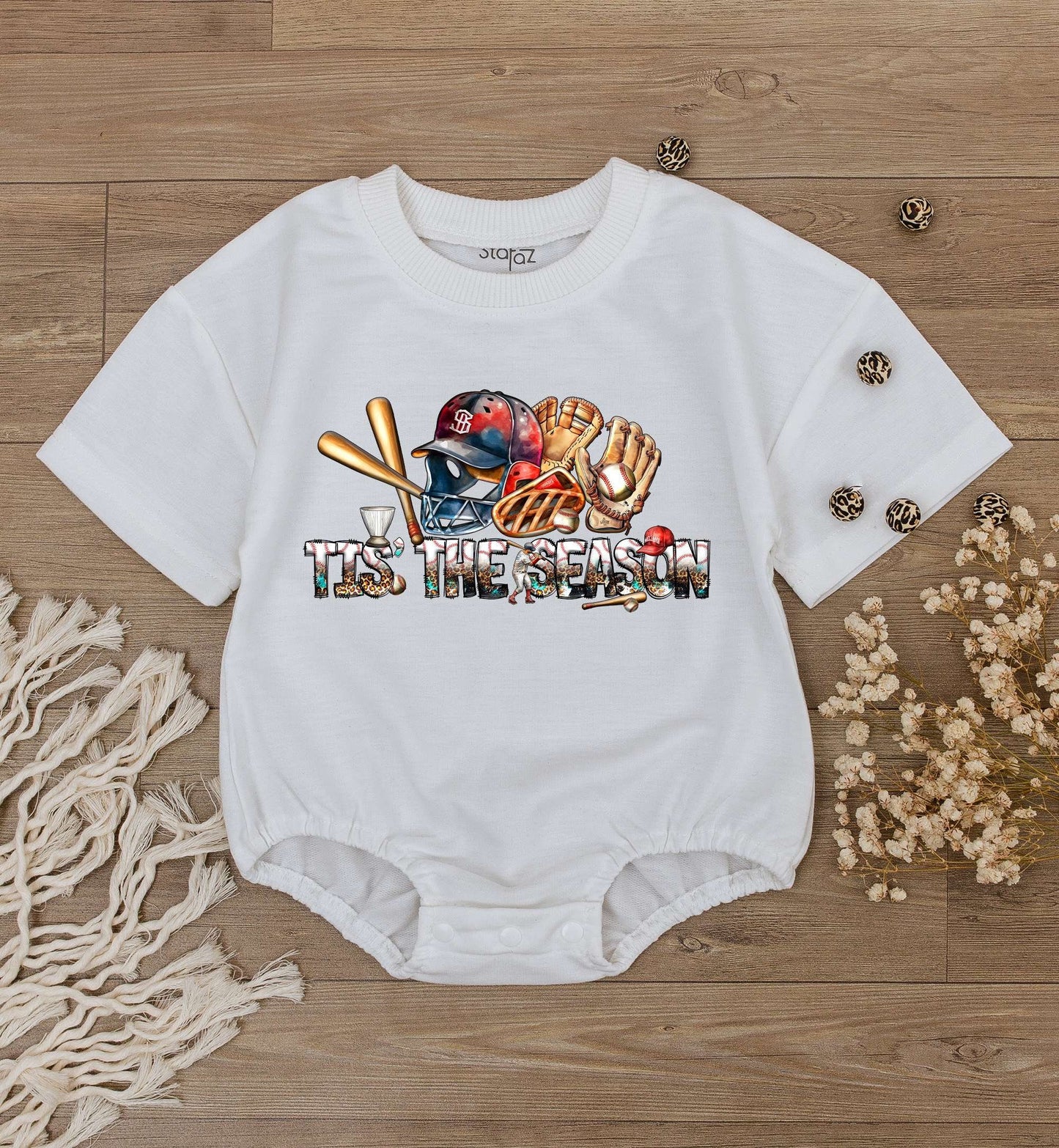 Tis The Season Baseball Baby Romper Short Sleeve Game Day Infant Bodysuit with Red Blue Gold Helmet Mitt Bat Cheetah Print Summer Fun