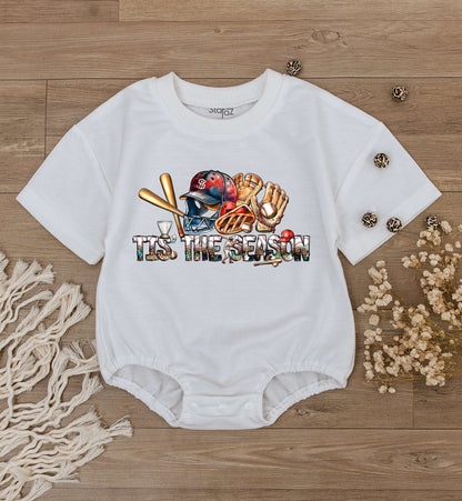 Tis The Season Baseball Baby Romper Short Sleeve Game Day Infant Bodysuit with Red Blue Gold Helmet Mitt Bat Cheetah Print Summer Fun