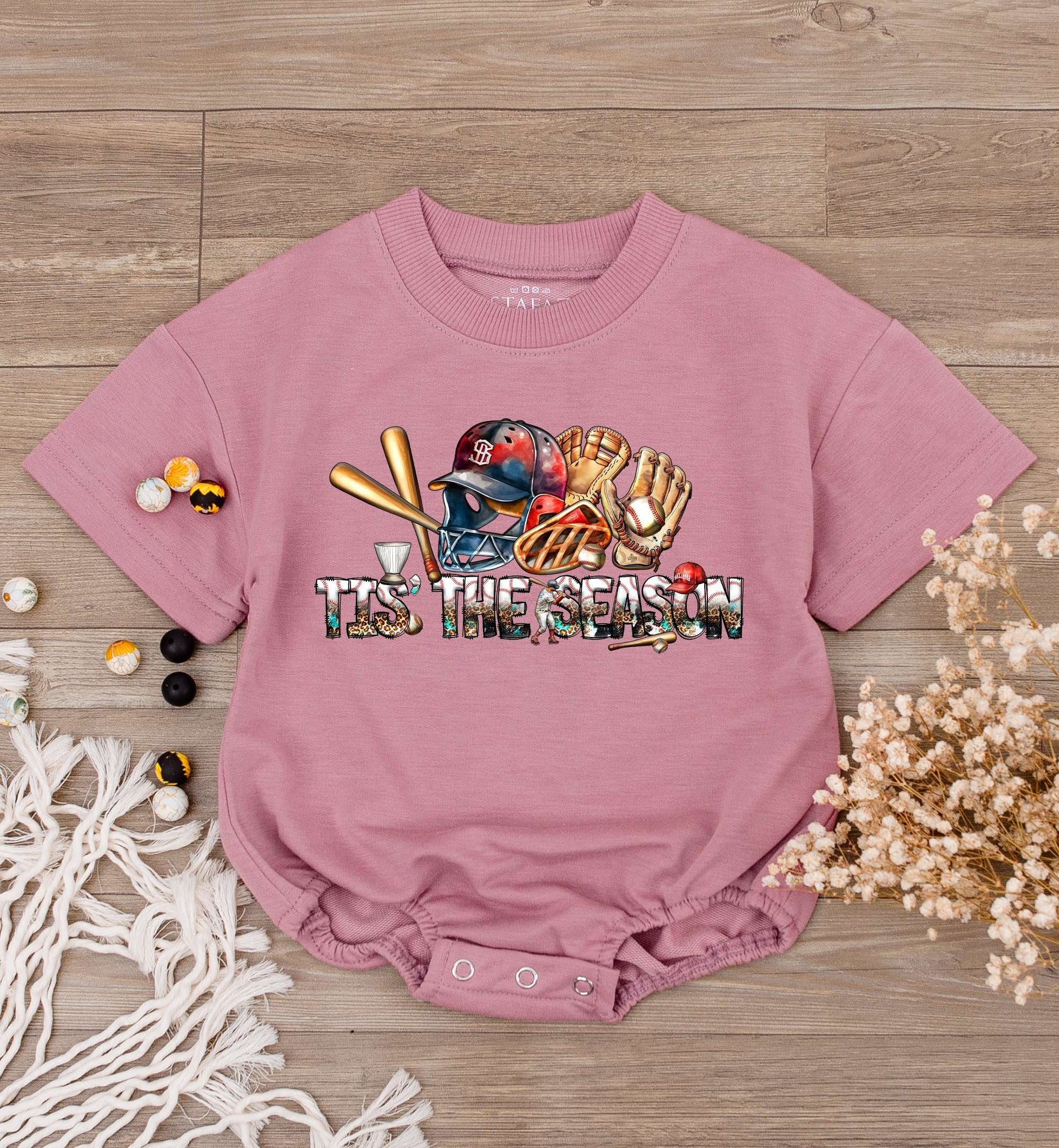 Tis The Season Baseball Baby Romper Short Sleeve Game Day Infant Bodysuit with Red Blue Gold Helmet Mitt Bat Cheetah Print Summer Fun