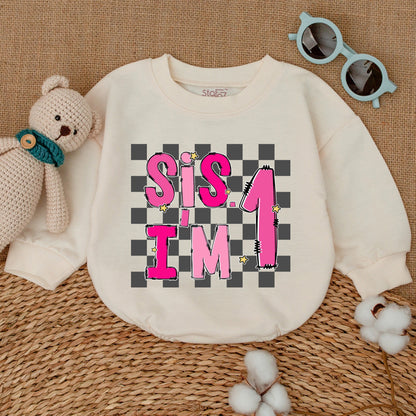 Sis I'm One Pink 1st Birthday Baby Girl Romper Cheerful Checkered Bodysuit Whimsical Newborn Bubble Outfit Smash Cake Shower Gift