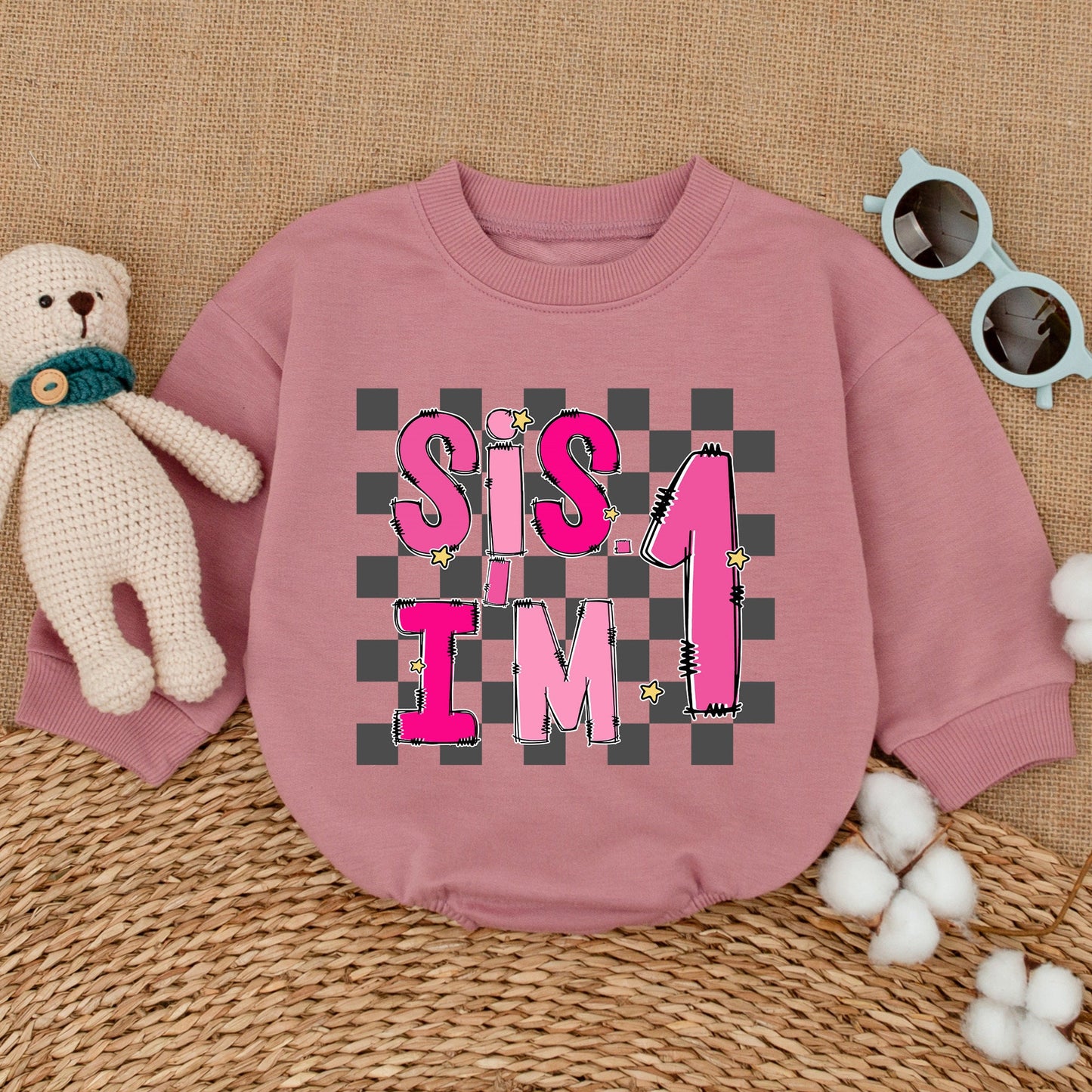 Sis I'm One Pink 1st Birthday Baby Girl Romper Cheerful Checkered Bodysuit Whimsical Newborn Bubble Outfit Smash Cake Shower Gift