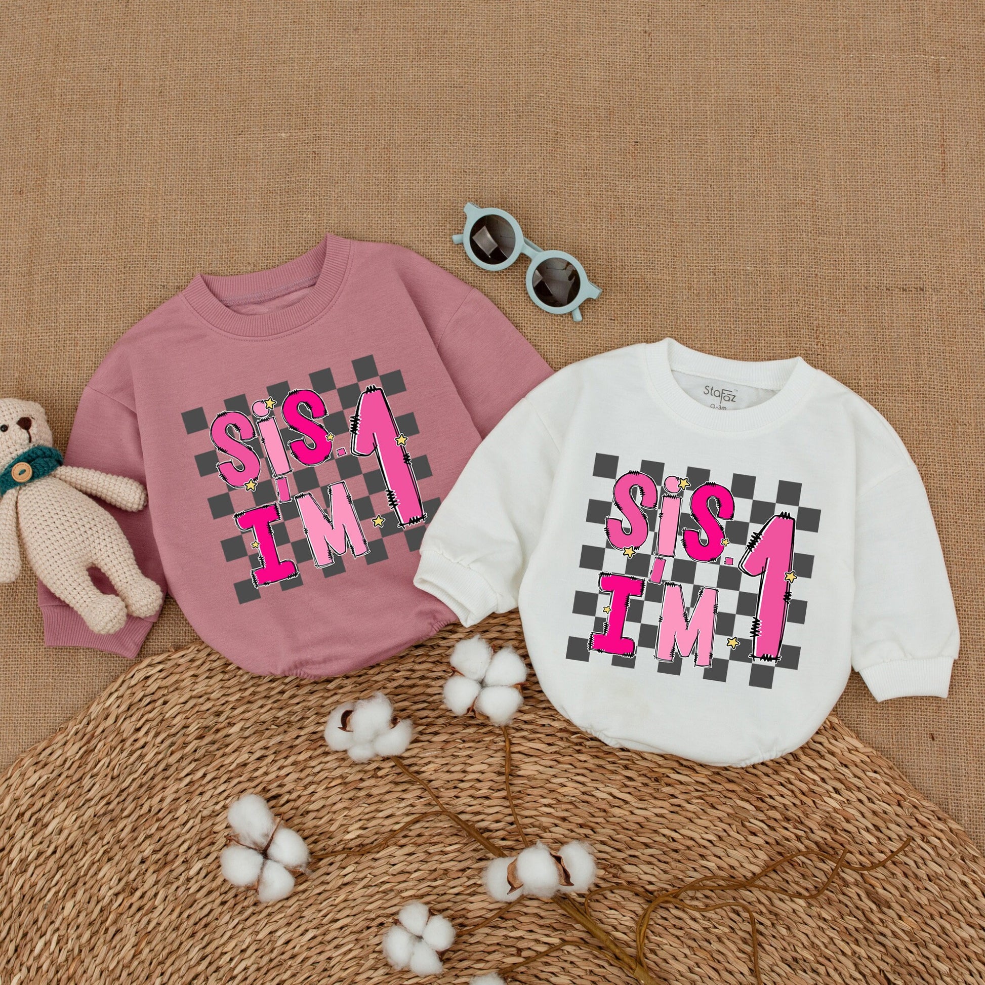 Sis I'm One Pink 1st Birthday Baby Girl Romper Cheerful Checkered Bodysuit Whimsical Newborn Bubble Outfit Smash Cake Shower Gift