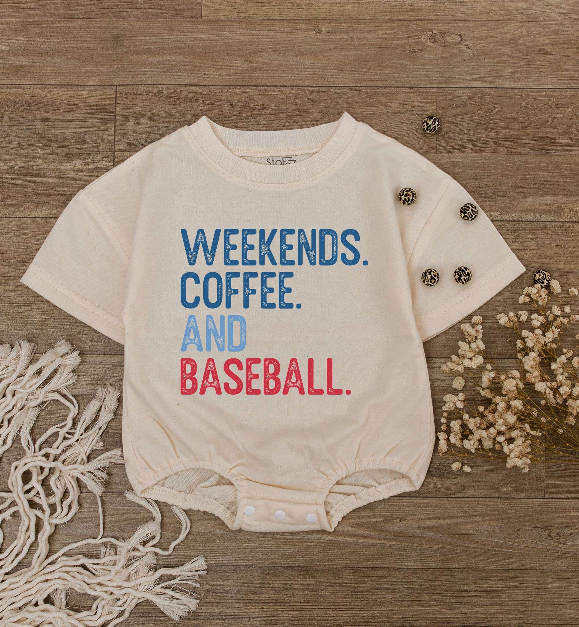 Weekends Coffee Baseball Baby Romper Short Sleeve Casual Infant Outfit with Blue Red Text Design for Toddler Boys Girls Game Day Season Soft Comfortable Tee