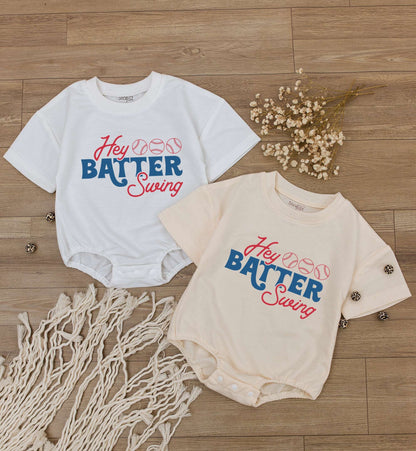 Hey Batter Batter Swing Retro Baseball Baby Romper Newborn Bodysuit Outfit Boy Girl Game Day Jumpsuit Cute First Birthday Gift Gender Neutral Summer Sport