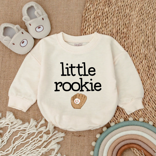 Cute Little Rookie Baseball Bubble Romper Baby Announcement Bodysuit Gift with Smiling Ball Glove Print for Game Day First Father's Day New Dad