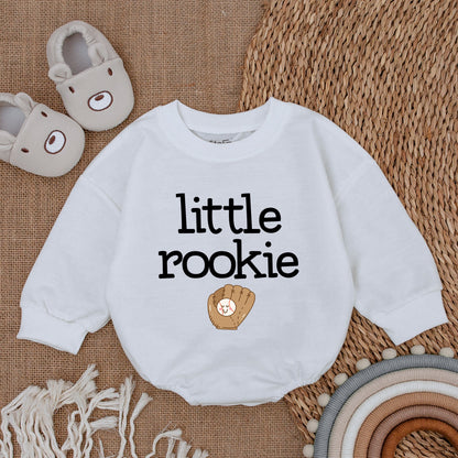 Cute Little Rookie Baseball Bubble Romper Baby Announcement Bodysuit Gift with Smiling Ball Glove Print for Game Day First Father's Day New Dad