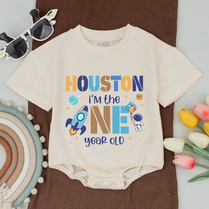 Houston We Have a One Year Old Outer Space 1st Birthday Shirt Matching Family Outfit Baby Romper Blue Gold Astronaut Planets Galaxy Theme