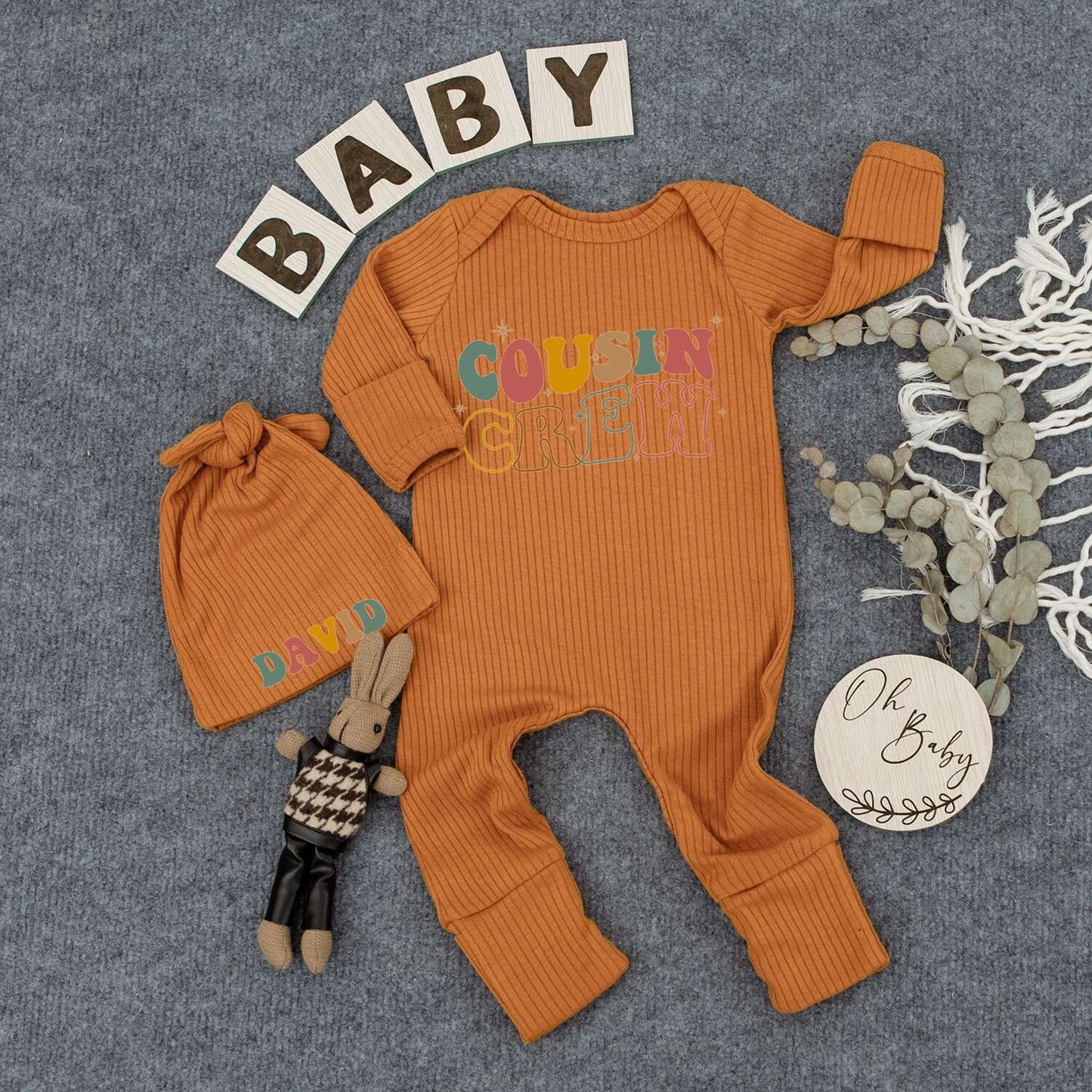 Custom Cousin Crew Bodysuit Personalized Baby Hat Retro Vintage Stacked Text Romper Outfit Infant Boy Cute Funny Shower Gift Newborn Keepsake
