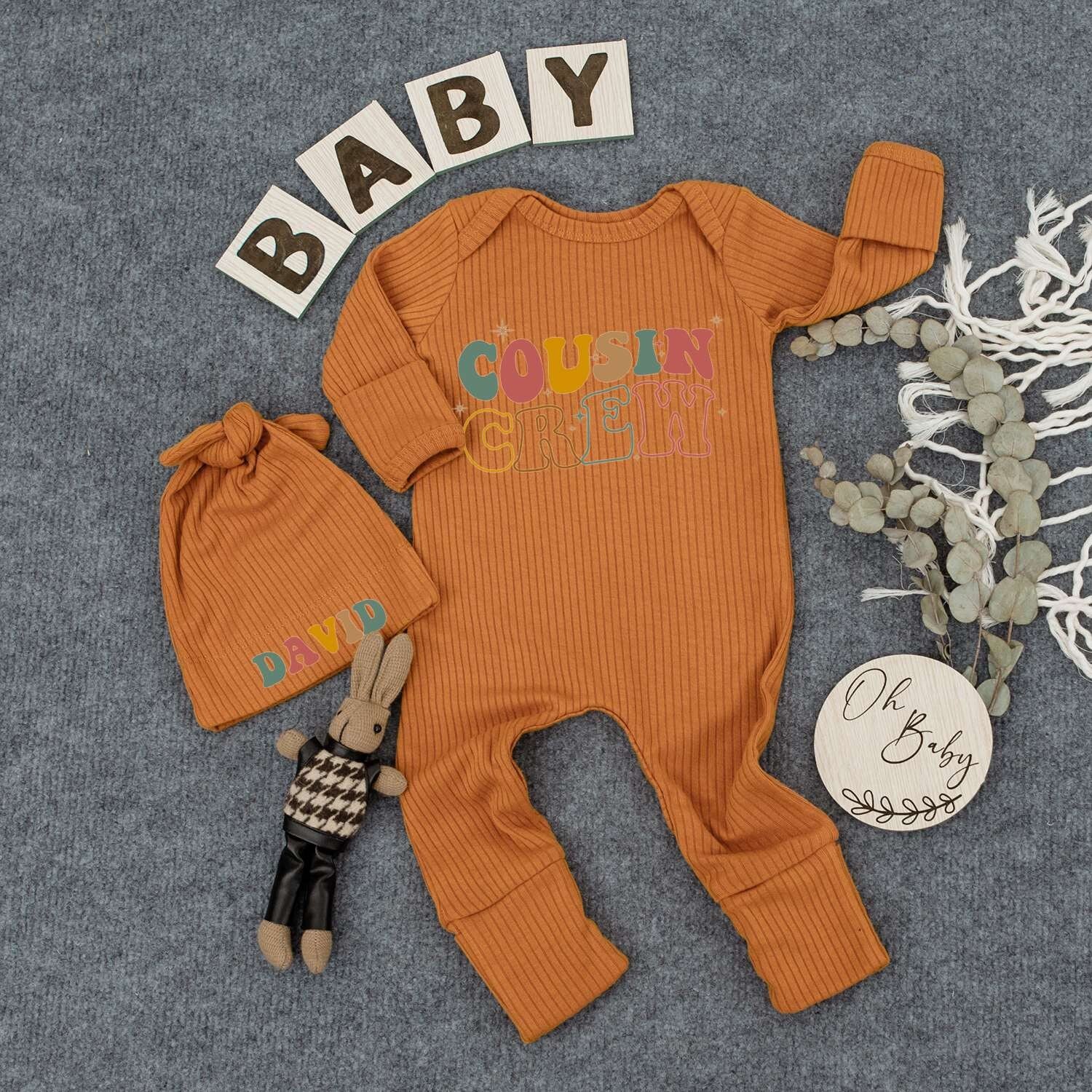 Custom Cousin Crew Bodysuit Personalized Baby Hat Retro Vintage Stacked Text Romper Outfit Infant Boy Cute Funny Shower Gift Newborn Keepsake