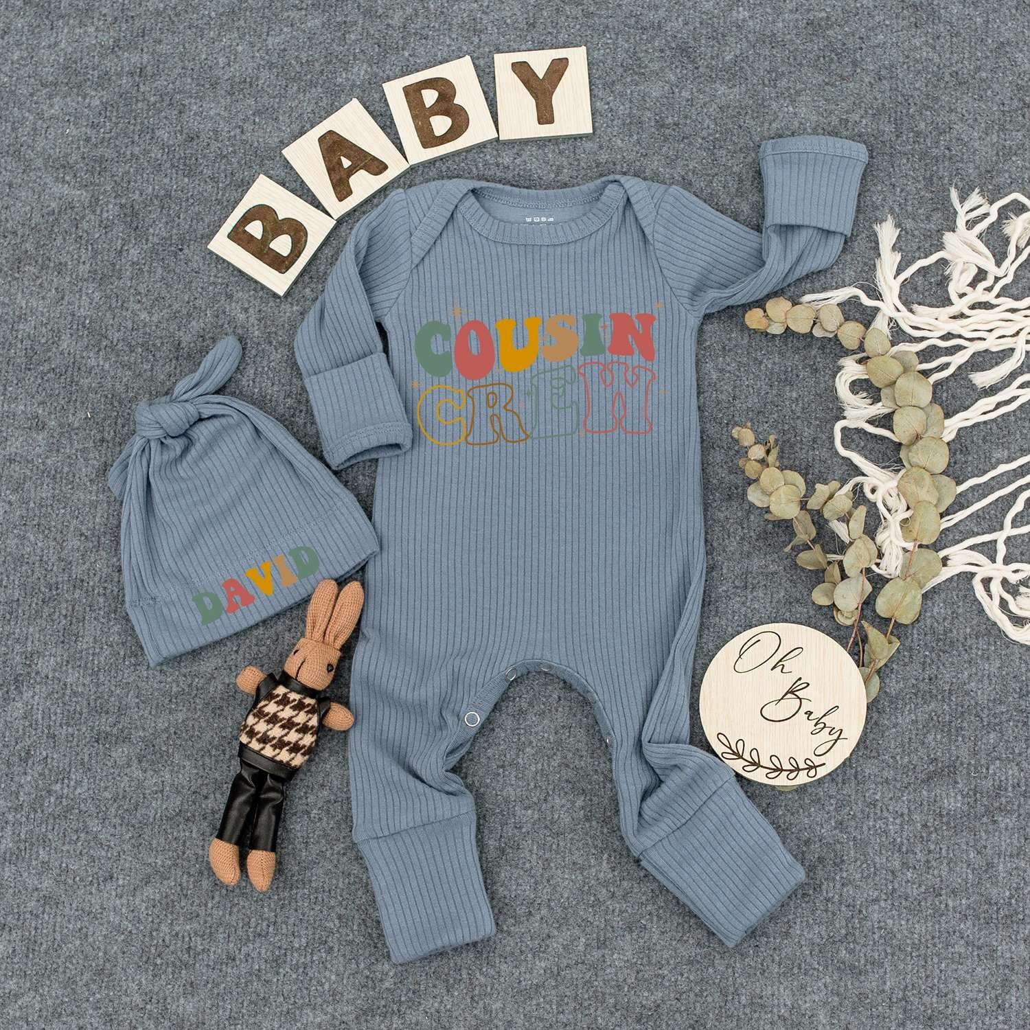 Custom Cousin Crew Bodysuit Personalized Baby Hat Retro Vintage Stacked Text Romper Outfit Infant Boy Cute Funny Shower Gift Newborn Keepsake