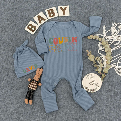 Custom Cousin Crew Bodysuit Personalized Baby Hat Retro Vintage Stacked Text Romper Outfit Infant Boy Cute Funny Shower Gift Newborn Keepsake