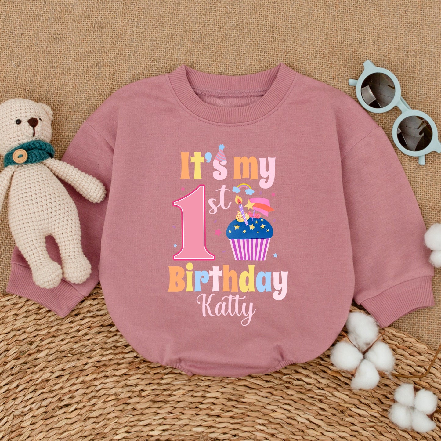 Personalized First Birthday Baby Girl Bubble Romper Sweet Cupcake Design Smash Cake Outfit Summer Celebration Comfortable Gift