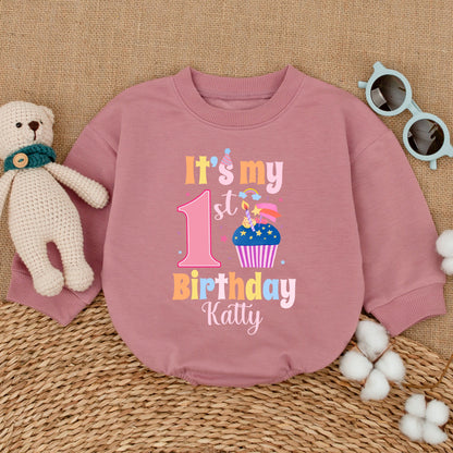 Personalized First Birthday Baby Girl Bubble Romper Sweet Cupcake Design Smash Cake Outfit Summer Celebration Comfortable Gift