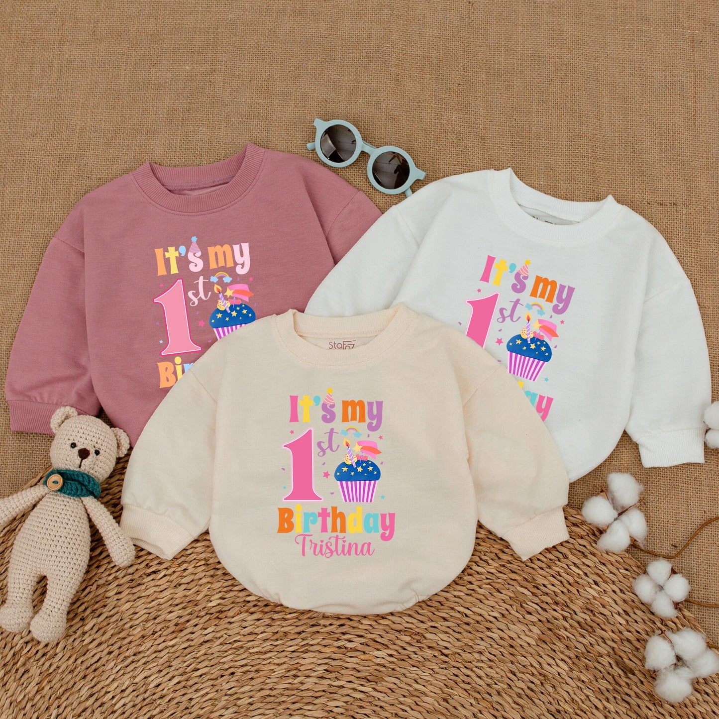 Personalized First Birthday Baby Girl Bubble Romper Sweet Cupcake Design Smash Cake Outfit Summer Celebration Comfortable Gift