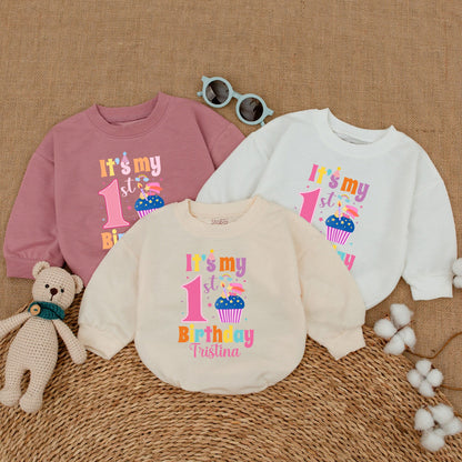 Personalized First Birthday Baby Girl Bubble Romper Sweet Cupcake Design Smash Cake Outfit Summer Celebration Comfortable Gift