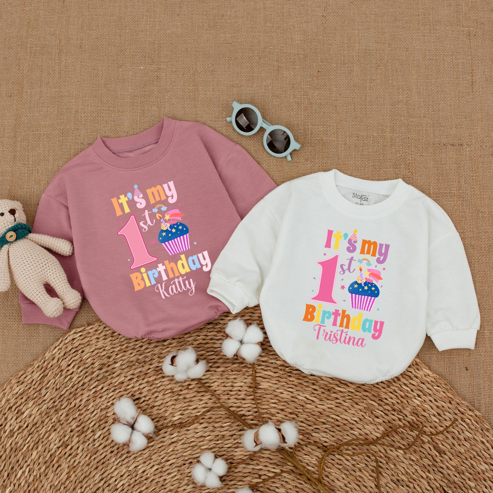 Personalized First Birthday Baby Girl Bubble Romper Sweet Cupcake Design Smash Cake Outfit Summer Celebration Comfortable Gift