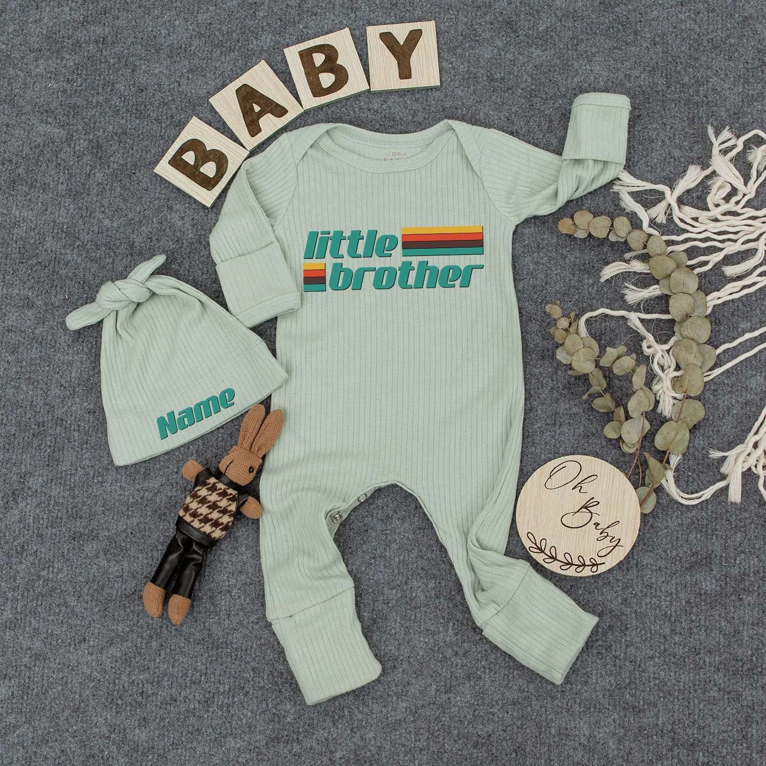 Custom Little Brother Bodysuit Retro Vintage Baby Boy Romper Outfit Mustard Red Teal Green Blocky Font New Baby Gift Going Home Keepsake