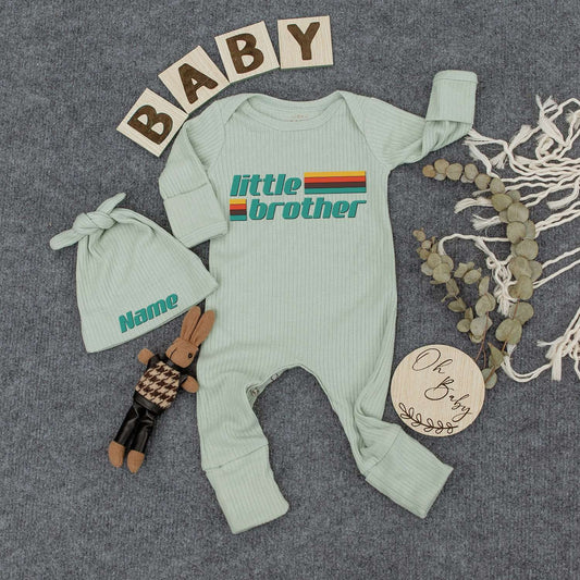 Custom Little Brother Bodysuit Retro Vintage Baby Boy Romper Outfit Mustard Red Teal Green Blocky Font New Baby Gift Going Home Keepsake