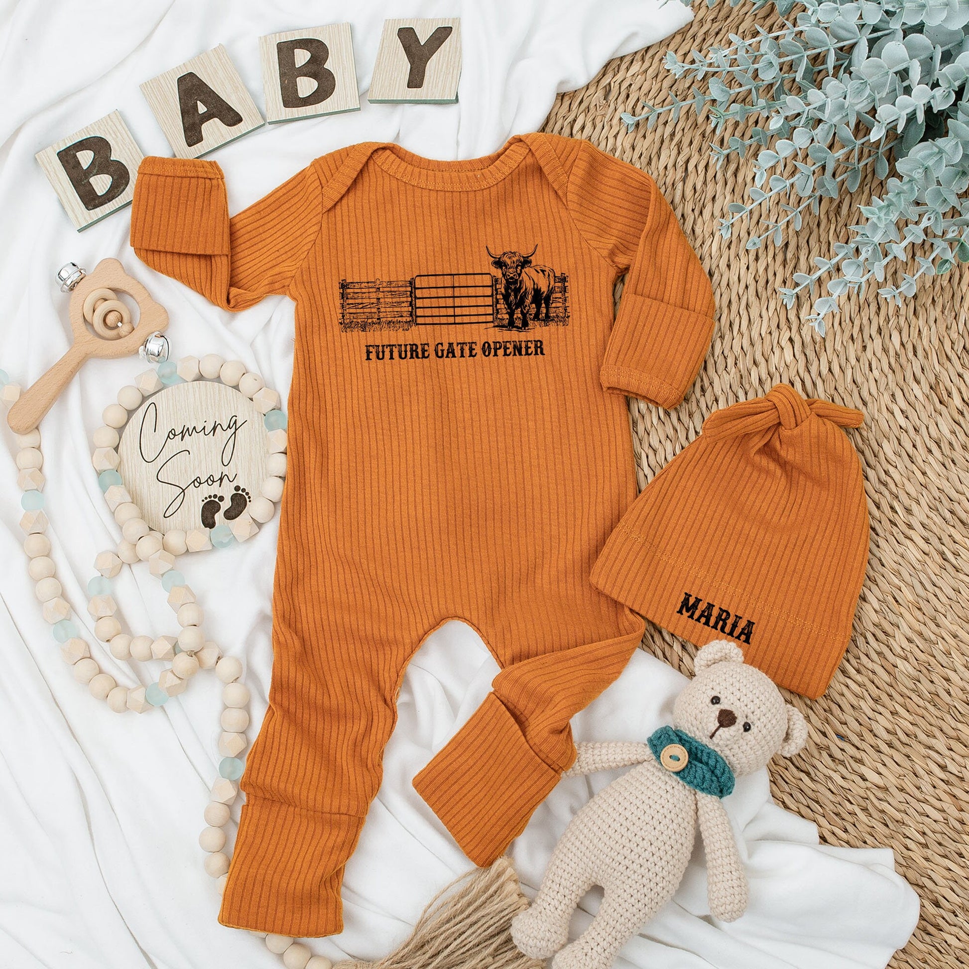 Highland Cow Western Baby Bodysuit and Hat Set Future Gate Opener Newborn Infant Boy Coming Home Gift Maria Hat Long Sleeve Rustic Baby Shower