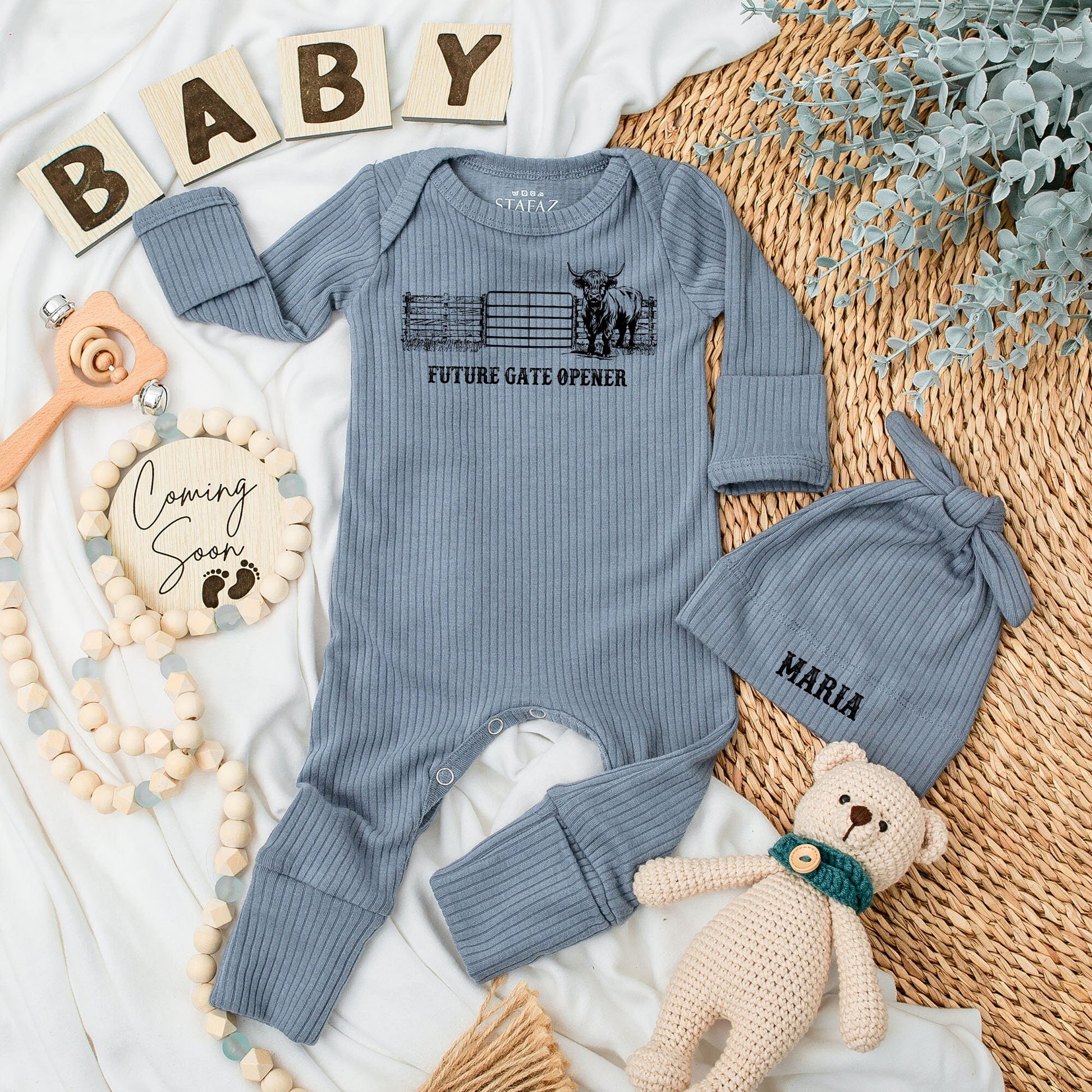 Highland Cow Western Baby Bodysuit and Hat Set Future Gate Opener Newborn Infant Boy Coming Home Gift Maria Hat Long Sleeve Rustic Baby Shower