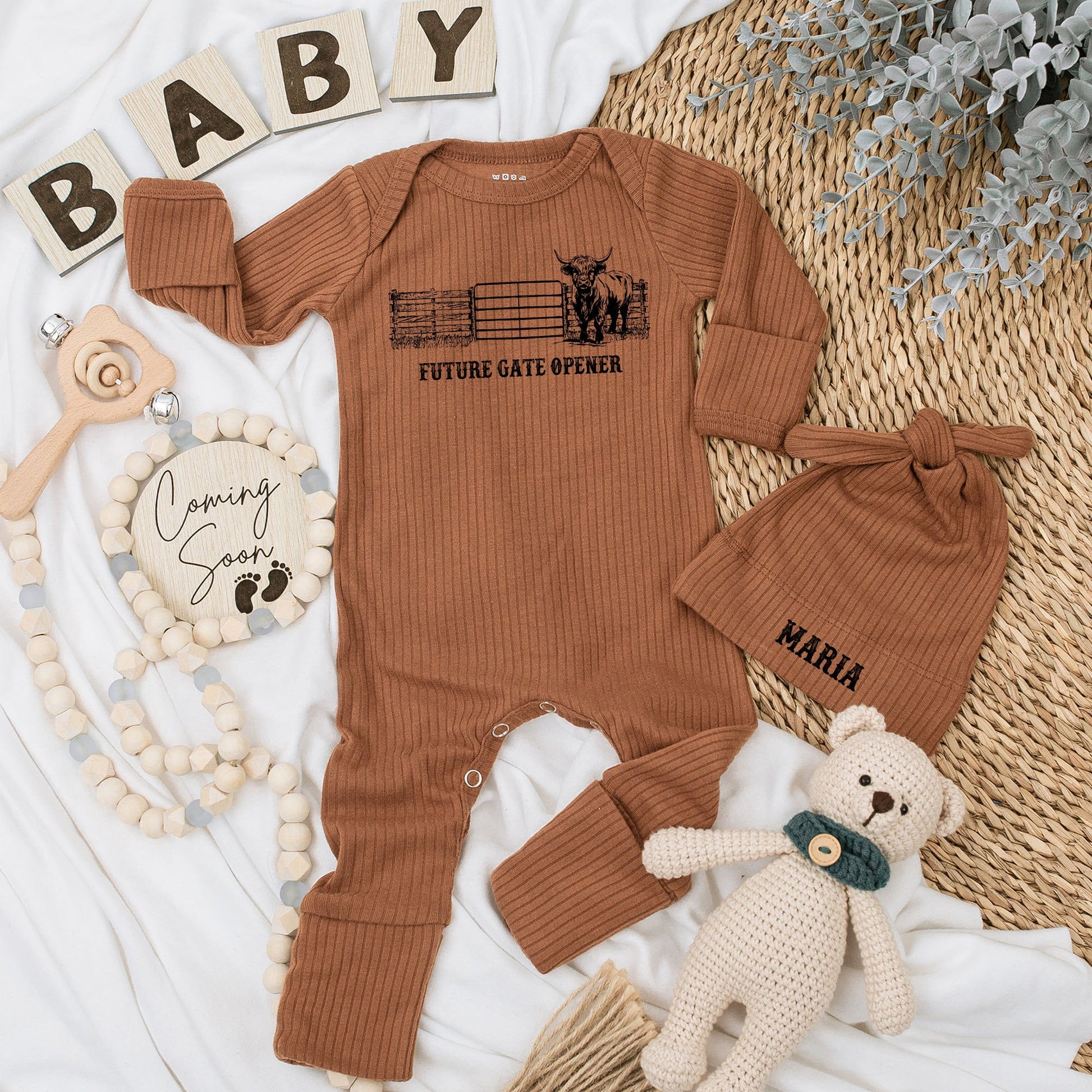 Highland Cow Western Baby Bodysuit and Hat Set Future Gate Opener Newborn Infant Boy Coming Home Gift Maria Hat Long Sleeve Rustic Baby Shower