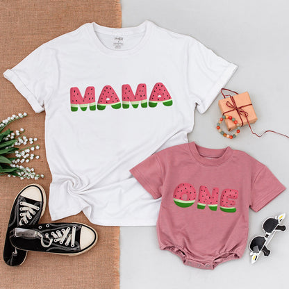 Watermelon One in a Melon Family Matching Shirts First Birthday Bodysuit Mom Dad Baby Kid Outfits with Cheerful Playful Slice Print Design Comfortable Summer Wear