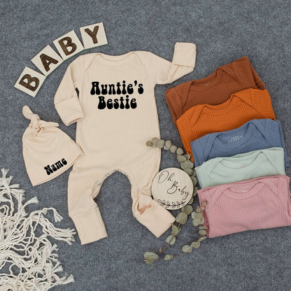 Personalized Auntie's Bestie Baby Bodysuit Retro Font Newborn Gift Outfit Cute Best Friend Sleepsuit Going Home Outfit New Aunt Gift