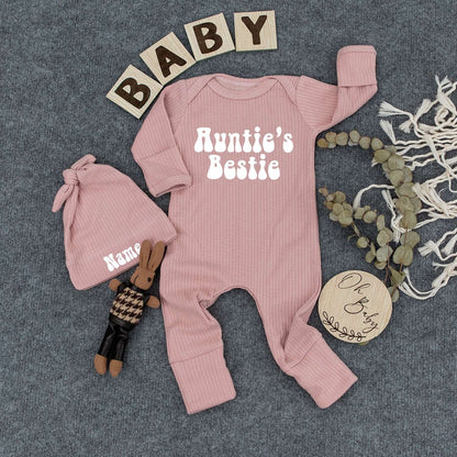 Personalized Auntie's Bestie Baby Bodysuit Retro Font Newborn Gift Outfit Cute Best Friend Sleepsuit Going Home Outfit New Aunt Gift