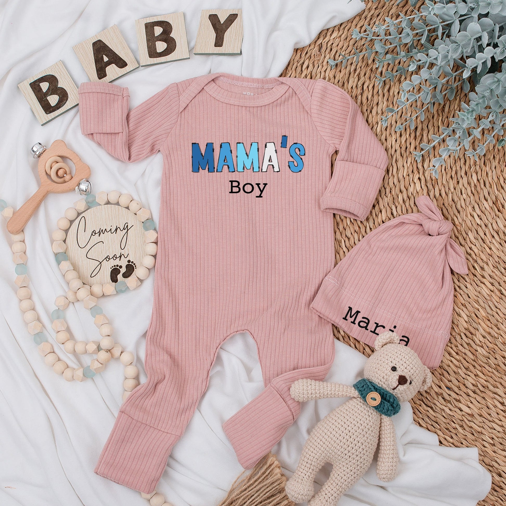 Mama's Boy Baby Bodysuit and Hat Set Long Sleeve Newborn Infant Coming Home Outfit Cozy Baby Shower Gift Announcement for Little Boys